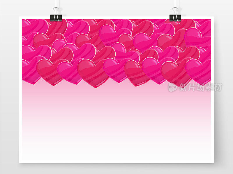 Valentines day hearts poster on binder clips. Black romantic background. Wedding banner. Love theme vector illustration for web design or printed products.